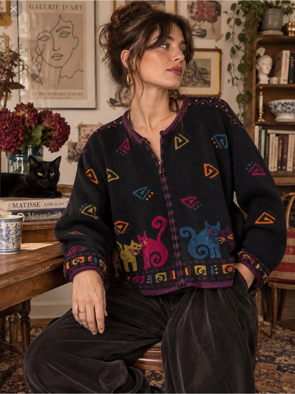 Vintage Cat Print Knit Jacket Black Multicolor Artsy Whimsigoth Cottagecore